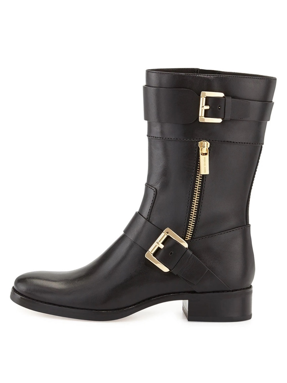 MICHAEL Michael Kors Gansevoort Black Leather Flat Moto Boots Gold Buckle Size 9